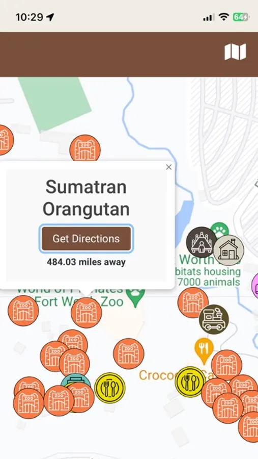 Fort Worth Zoo Guide map screen showing exhibit locations and directions button